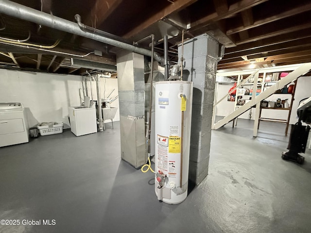 unfinished below grade area with gas water heater and a sink