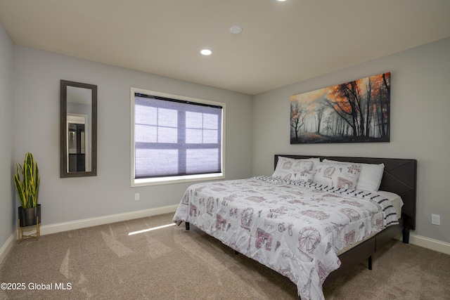 carpeted bedroom with recessed lighting and baseboards