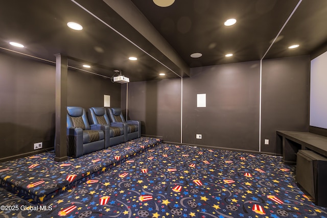 home theater room featuring recessed lighting, baseboards, and carpet floors