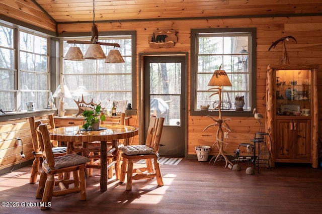 60 Federal Hill Rd, Bolton, NY 12814 - dining area featuring wood walls, vaulted ceiling, wood finished floors, and wood ceiling