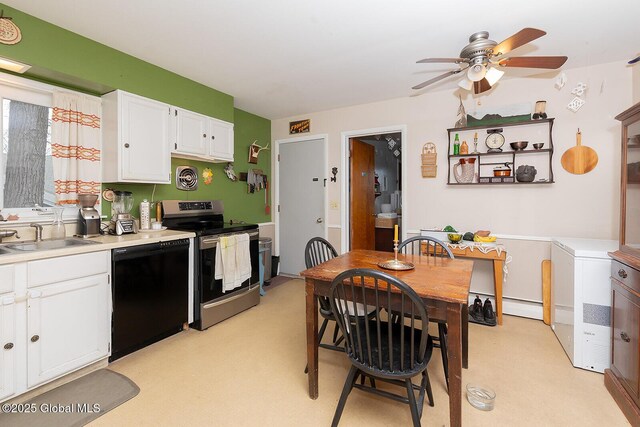 kitchen featuring ceiling fan, a sink, stainless steel range with electric stovetop, black dishwasher, and white cabinets
