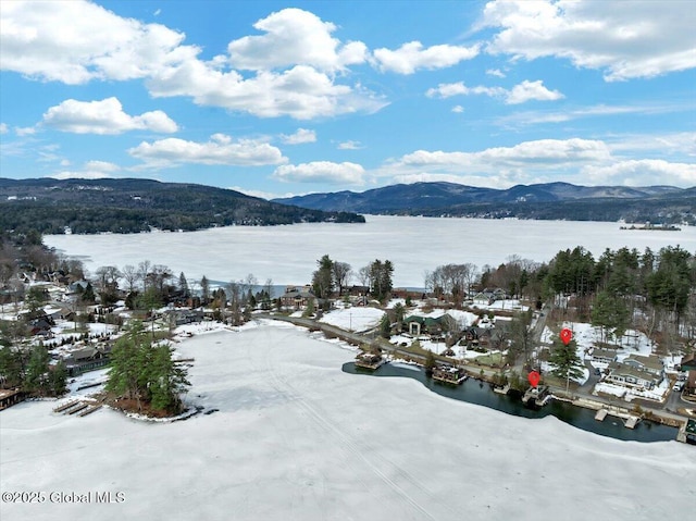 bird's eye view featuring a water and mountain view