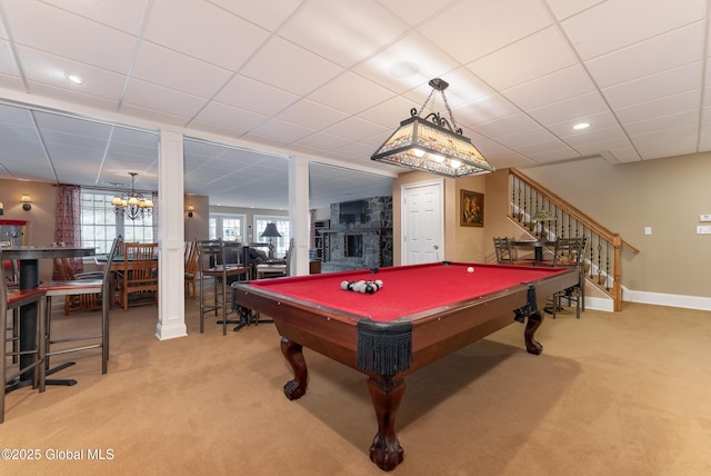 1014 Catherines Woods Dr, Niskayuna, NY 12309 - game room featuring carpet floors, billiards table, a drop ceiling, and recessed lighting