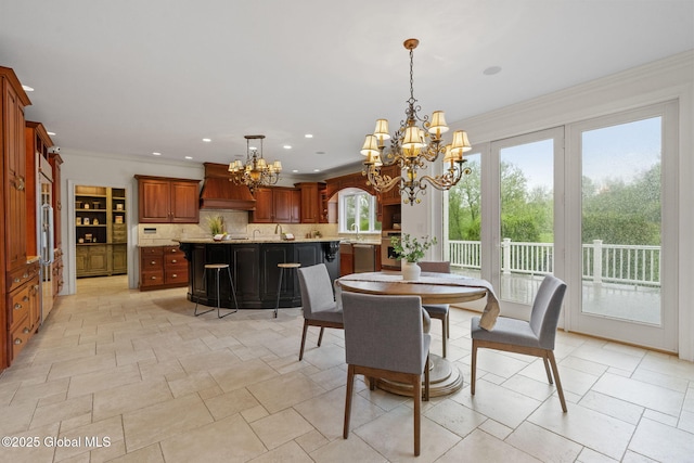 1014 Catherines Woods Dr, Niskayuna, NY 12309 - dining room featuring a chandelier, ornamental molding, recessed lighting, and light stone finish floors
