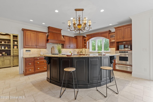 1014 Catherines Woods Dr, Niskayuna, NY 12309 - kitchen with stainless steel oven, a warming drawer, custom exhaust hood, ornamental molding, and brown cabinets