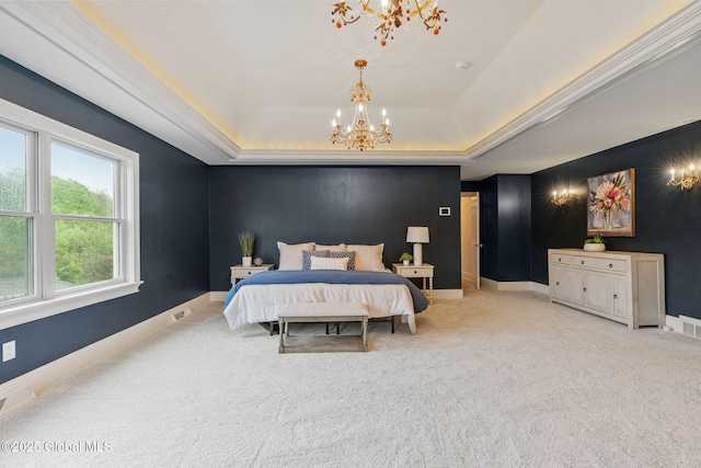 1014 Catherines Woods Dr, Niskayuna, NY 12309 - carpeted bedroom featuring a chandelier, a tray ceiling, baseboards, and an accent wall