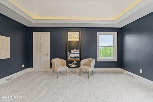 1014 Catherines Woods Dr, Niskayuna, NY 12309 - sitting room featuring a tray ceiling, carpet, crown molding, and baseboards