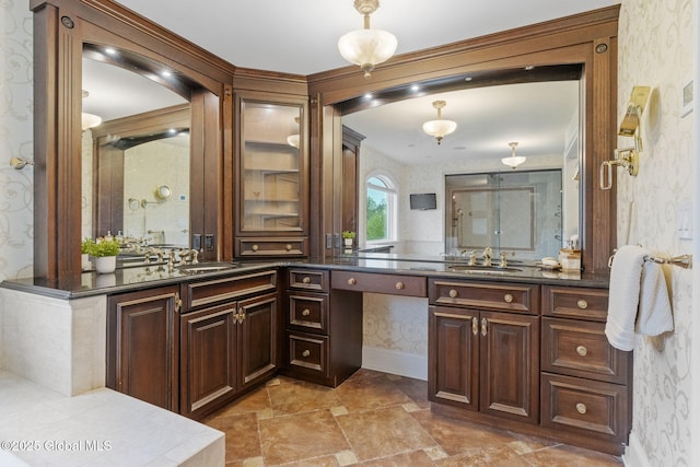 1014 Catherines Woods Dr, Niskayuna, NY 12309 - bathroom featuring wallpapered walls, vanity, stone finish floors, baseboards, and crown molding