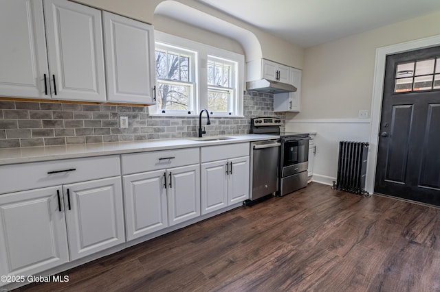 kitchen featuring radiator, dark wood-type flooring, under cabinet range hood, a sink, and stainless steel appliances