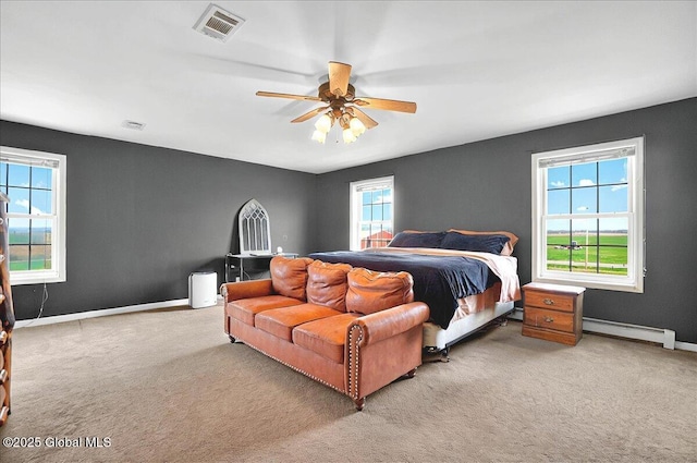346 State Route 197, Fort Edward, NY 12828 - bedroom featuring a ceiling fan, visible vents, light carpet, baseboards, and a baseboard radiator