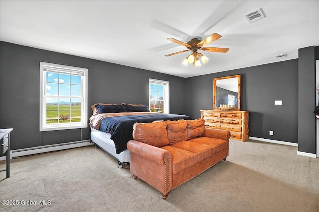 346 State Route 197, Fort Edward, NY 12828 - bedroom featuring a baseboard radiator, visible vents, ceiling fan, baseboards, and light carpet