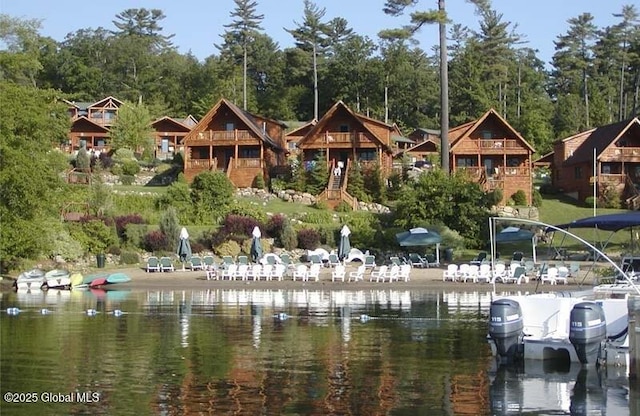 exterior space with a water view