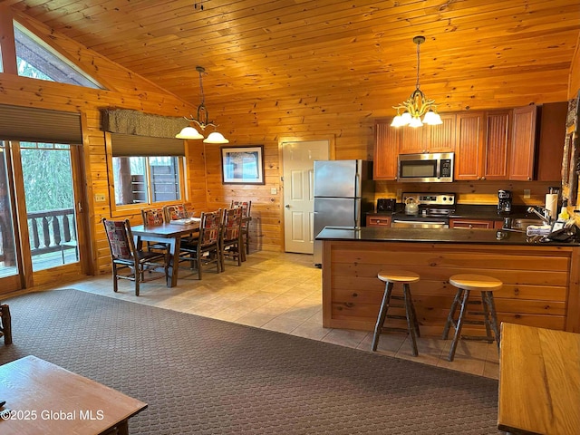 kitchen with a notable chandelier, dark countertops, wood walls, lofted ceiling, and appliances with stainless steel finishes