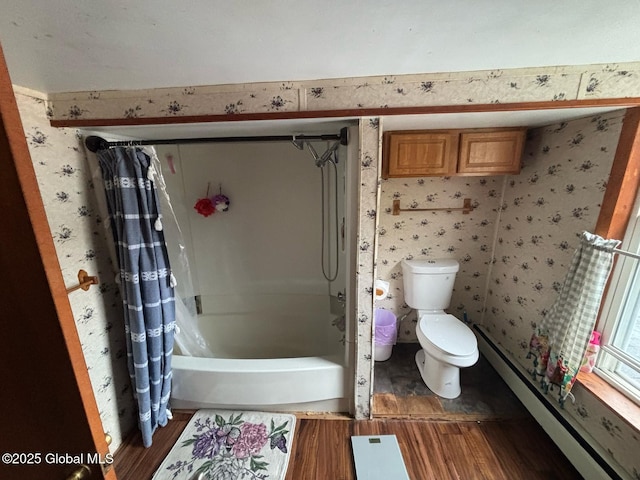 bathroom with toilet, a baseboard radiator, wallpapered walls, and wood finished floors