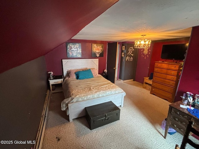 carpeted bedroom featuring a chandelier
