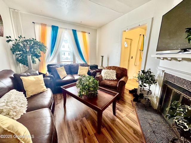 living area featuring a tiled fireplace and wood finished floors