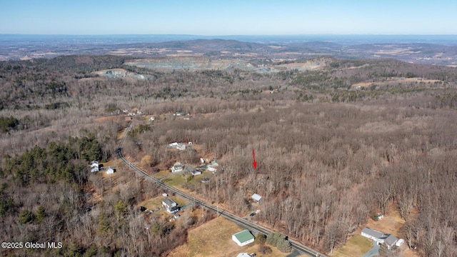bird's eye view featuring a wooded view