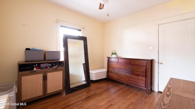 interior space featuring a ceiling fan and wood finished floors