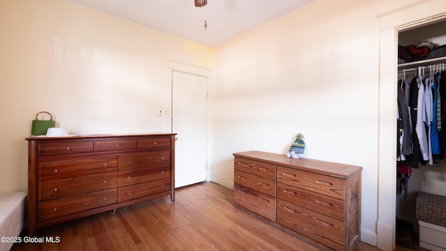 bedroom with wood finished floors and a closet