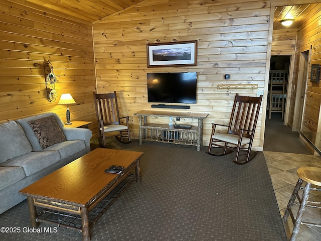 3210 Lake Shore Dr # 34Interval 5, Lake George, NY 12845 - carpeted living area featuring wooden ceiling, lofted ceiling, and wood walls