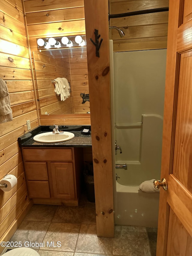 3210 Lake Shore Dr # 34Interval 5, Lake George, NY 12845 - full bathroom with shower / bathing tub combination, wooden walls, and vanity