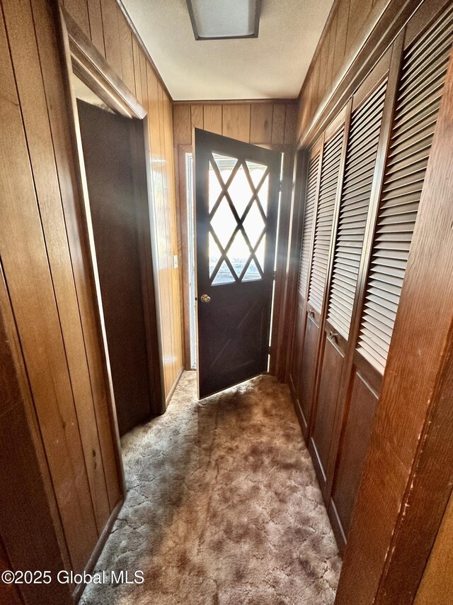 11 Middlesex Rd, East Greenbush, NY 12061 - doorway to outside featuring wooden walls and dark colored carpet