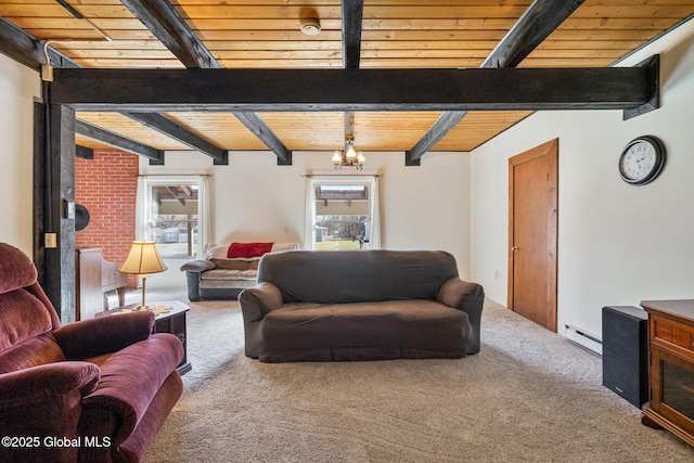 carpeted living area with wooden ceiling, baseboard heating, beam ceiling, and a chandelier