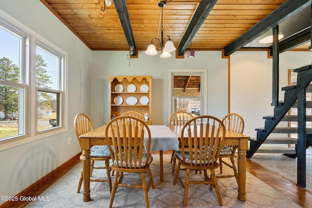 dining room featuring wooden ceiling, beam ceiling, stairway, wood finished floors, and baseboards