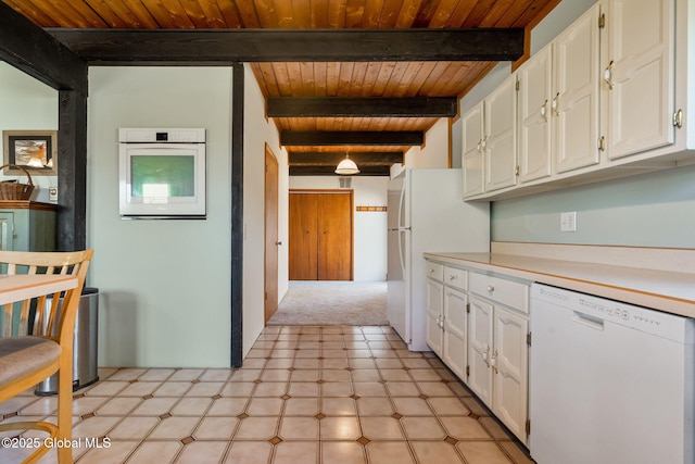 kitchen featuring white appliances, wooden ceiling, beamed ceiling, white cabinets, and light countertops