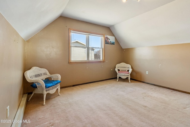 bonus room with lofted ceiling, carpet, baseboards, and a baseboard radiator