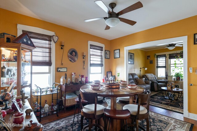 dining space with a ceiling fan and hardwood / wood-style flooring