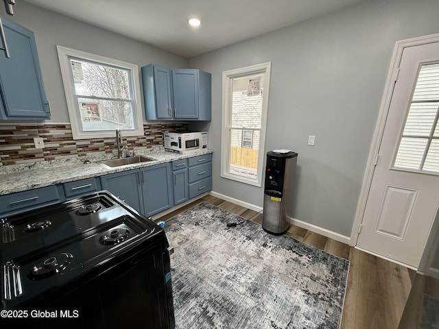9 Brandt Pl, Amsterdam, NY 12010 - kitchen featuring a sink, decorative backsplash, black / electric stove, and blue cabinetry