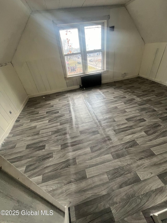 additional living space with radiator, lofted ceiling, and wood finished floors