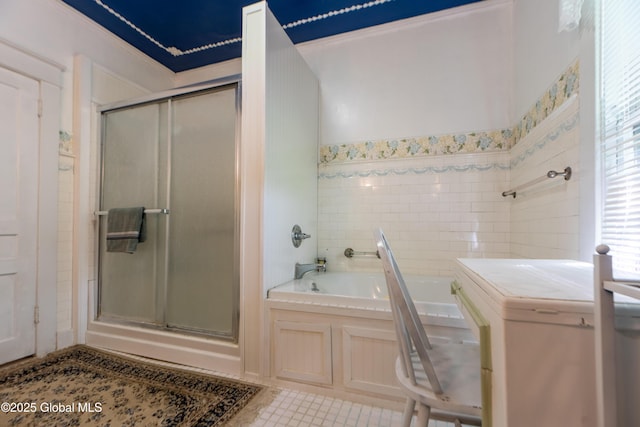 14 Pleasant St, Ballston Spa, NY 12020 - bathroom featuring a shower stall, a garden tub, and tile patterned floors