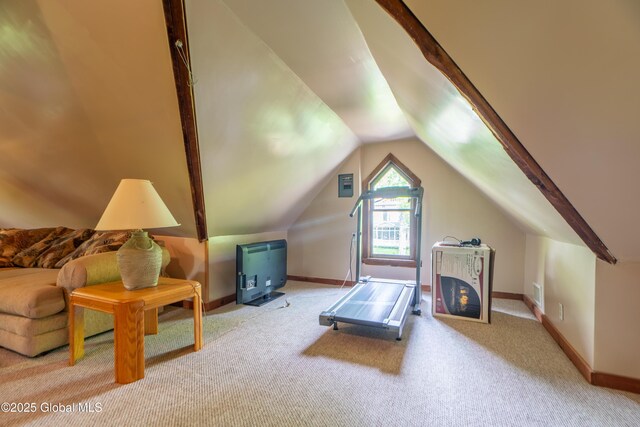 14 Pleasant St, Ballston Spa, NY 12020 - workout area featuring carpet, lofted ceiling, and baseboards