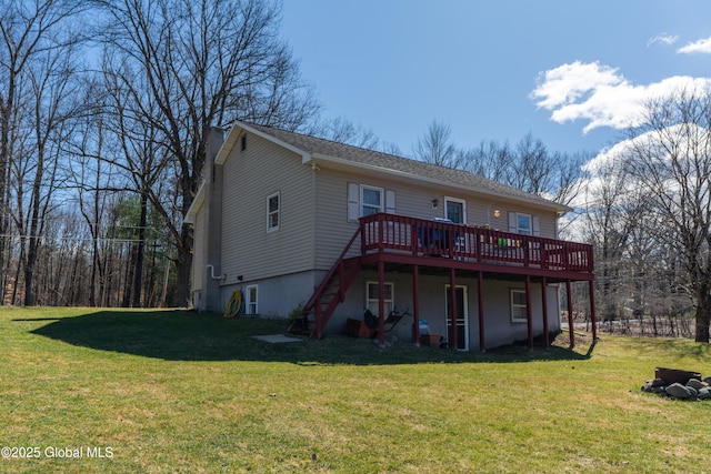 back of house with a lawn, stairs, a chimney, and a wooden deck