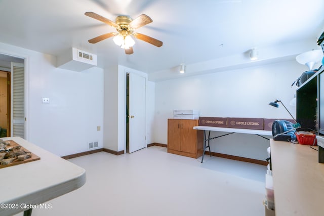interior space featuring baseboards, visible vents, concrete floors, and a ceiling fan