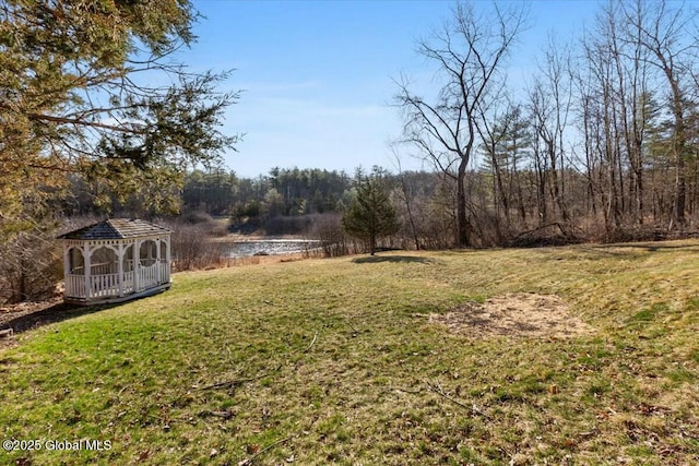 view of yard with a water view and a forest view