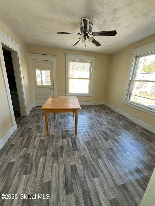 unfurnished dining area with a wealth of natural light, wood finished floors, and a ceiling fan