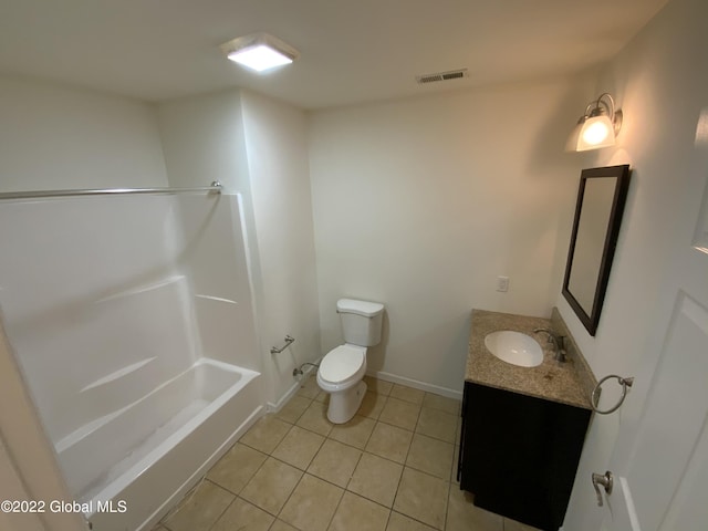full bath featuring visible vents, baseboards, toilet, tile patterned floors, and vanity