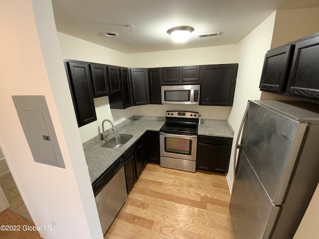 kitchen with visible vents, electric panel, stainless steel appliances, a sink, and dark cabinetry