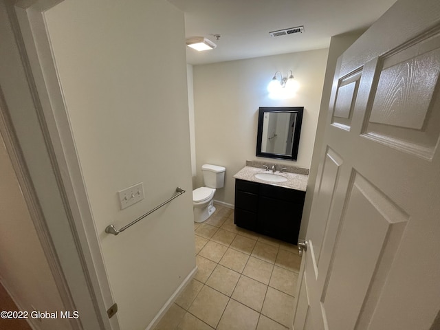 half bath with vanity, toilet, baseboards, tile patterned floors, and visible vents