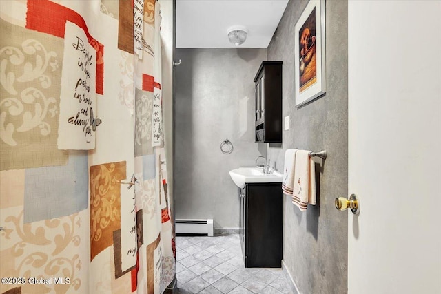 23 Leggett Rd, Ghent, NY 12075 - full bathroom with a shower with curtain, a baseboard radiator, and vanity