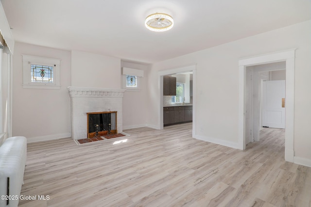 22 Fairlawn Ave, Albany, NY 12203 - unfurnished living room with light wood-style floors, a fireplace, plenty of natural light, and baseboards