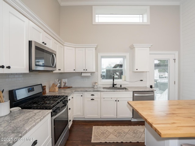 kitchen with crown molding, stainless steel appliances, wooden counters, a sink, and a wealth of natural light