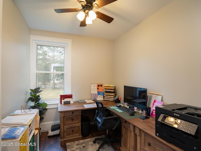office space featuring a ceiling fan and dark wood finished floors