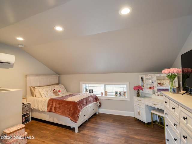 bedroom featuring recessed lighting, an AC wall unit, lofted ceiling, and dark wood finished floors