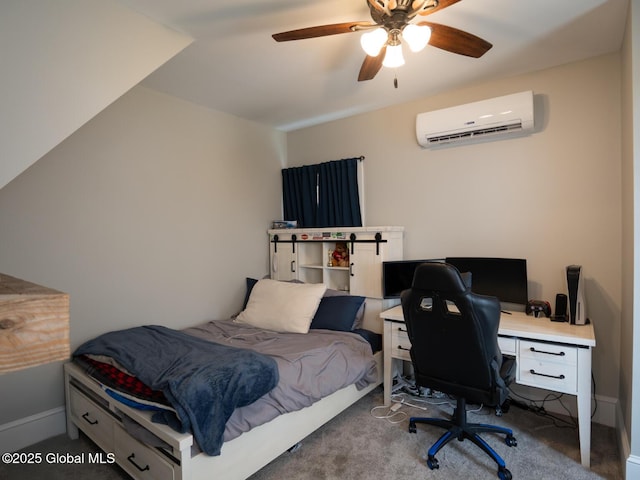 carpeted bedroom featuring a wall mounted air conditioner and ceiling fan