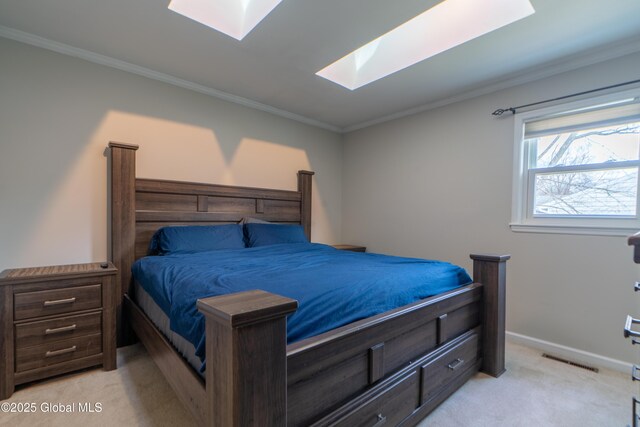 7 Bemis Heights Rd, Saratoga Springs, NY 12866 - bedroom with baseboards, ornamental molding, light carpet, visible vents, and a skylight