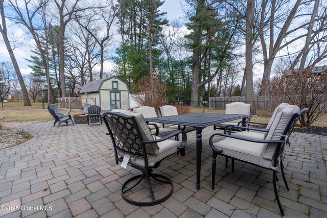 7 Bemis Heights Rd, Saratoga Springs, NY 12866 - view of patio / terrace featuring a shed, an outbuilding, a fenced backyard, and outdoor dining area